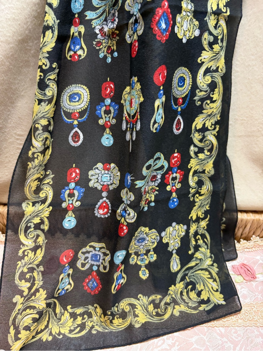 Vintage Echo Design Italy Black Jewel Baroque Scarf Gold Red Blue RN 11935